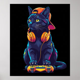 Cooler Black Cat Gamer Halloween Poster