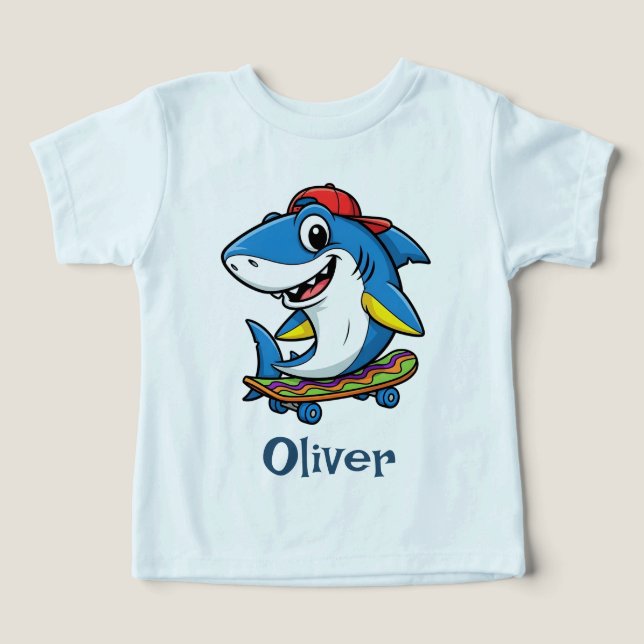 Cooler blauer Cartoon-Hai auf Skateboard (Design Vorderseite)