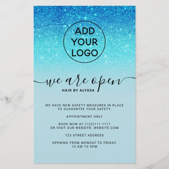 Cooler blauer Glitzer Preislogo Wir sind offen Fly Flyer (Vorne)