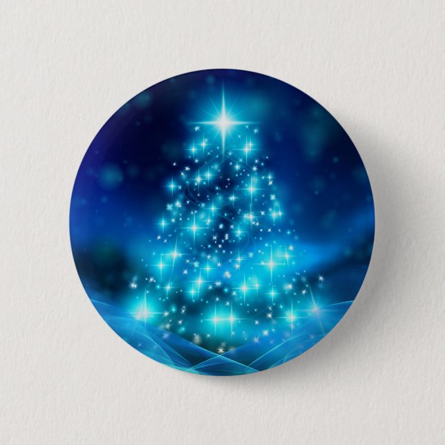 Cooler Blauer Weihnachtsbaum mit glänzenden Lichte Button (Vorderseite)