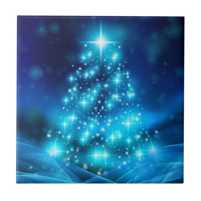 Cooler Blauer Weihnachtsbaum mit glänzenden Lichte Fliese (Vorderseite)