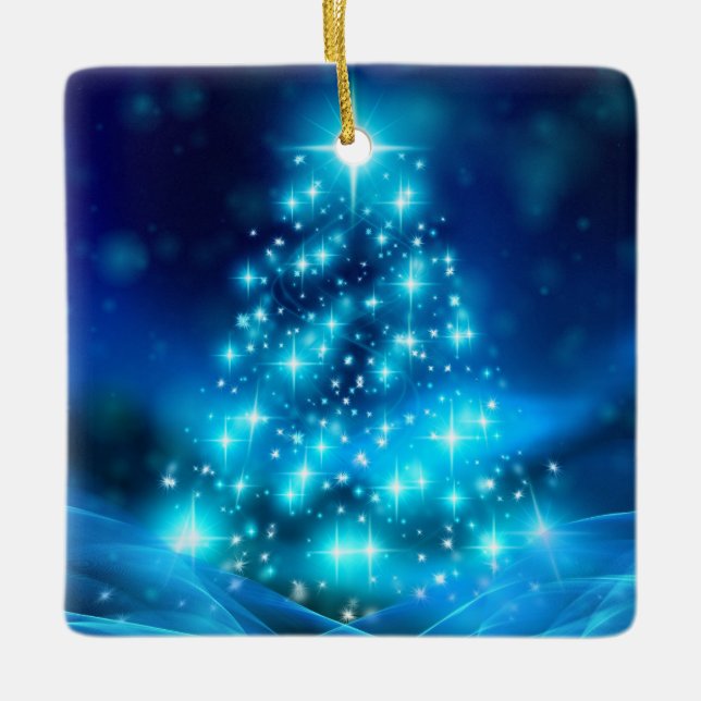 Cooler Blauer Weihnachtsbaum mit glänzenden Lichte Keramikornament (Vorderseite)