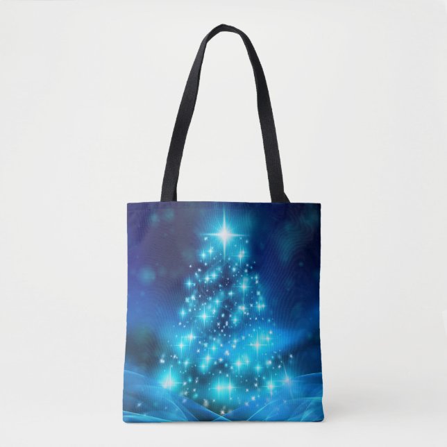 Cooler Blauer Weihnachtsbaum mit glänzenden Lichte Tasche (Vorderseite)