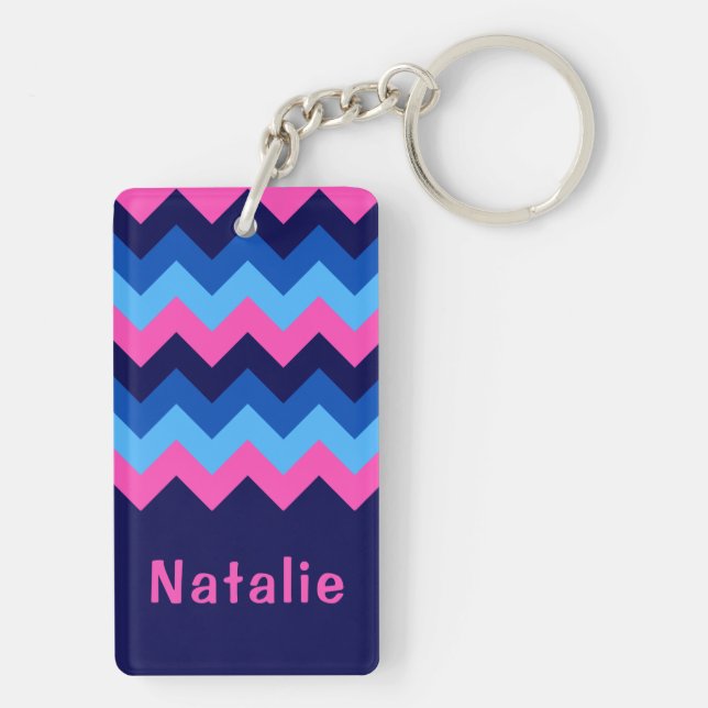 Cooler Blue Pink Zickzack Monogram Rectangle Schlü Schlüsselanhänger (Rückseite)