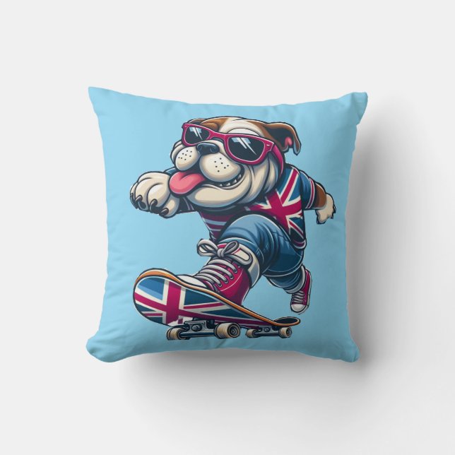 Cooler britischer Bulldog auf Skateboard Kissen (Vorderseite)