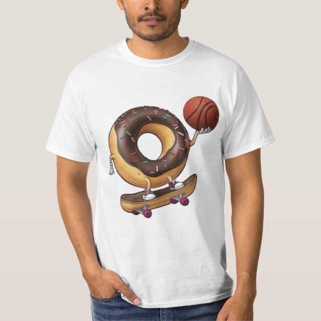 Cooler Cartoon Donut Skateboarden mit Basketball T-Shirt (Vorderseite)
