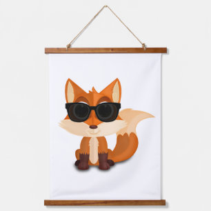Cooler Cartoon-Fuchs mit Sonnenbrille Whimsical Wo Wandteppich Mit Holzrahmen