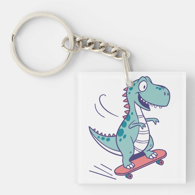 Cooler Cartoon T-Rex auf Skateboard Schlüsselanhänger (Vorderseite)