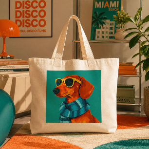 Cooler Dachshund Hund mit Schal und Sonnenbrille Jumbo Stoffbeutel