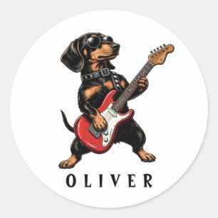 Cooler Dackel Rockt auf E-Gitarre Runder Aufkleber