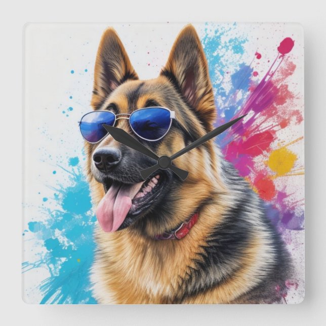 Cooler deutscher Schäferhund mit Sonnenbrille Spla Quadratische Wanduhr (Vorderseite)