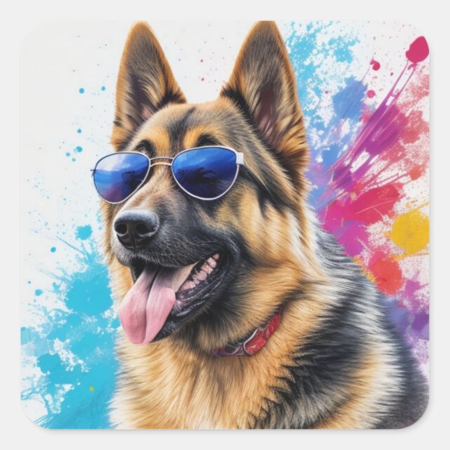 Cooler deutscher Schäferhund mit Sonnenbrille Spla Quadratischer Aufkleber (Vorderseite)