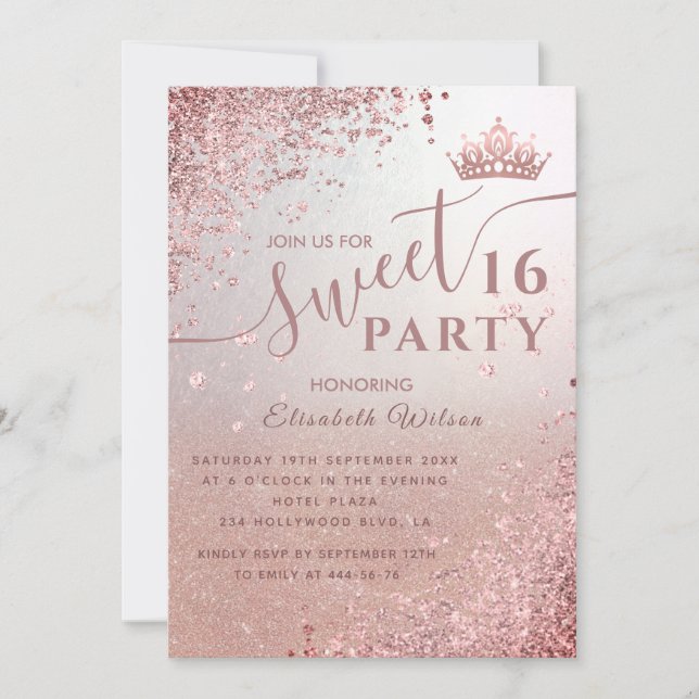 Cooler Diamant Glitzer Rose Gold Tiara süß 16 Einladung (Vorderseite)