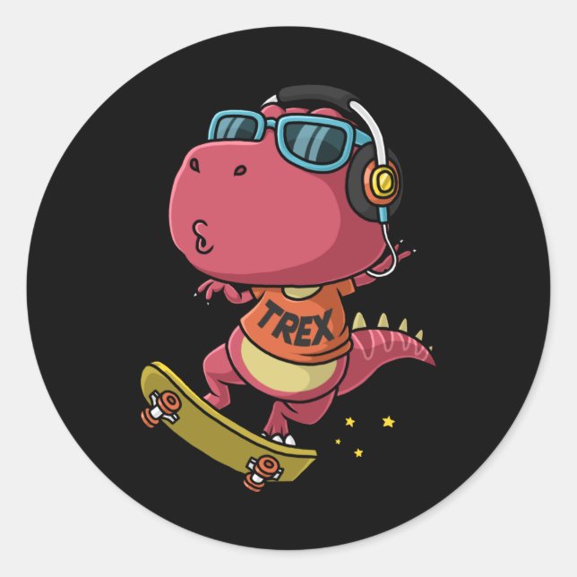 Cooler Dinosaurier beim Skateboard Runder Aufkleber (Vorderseite)