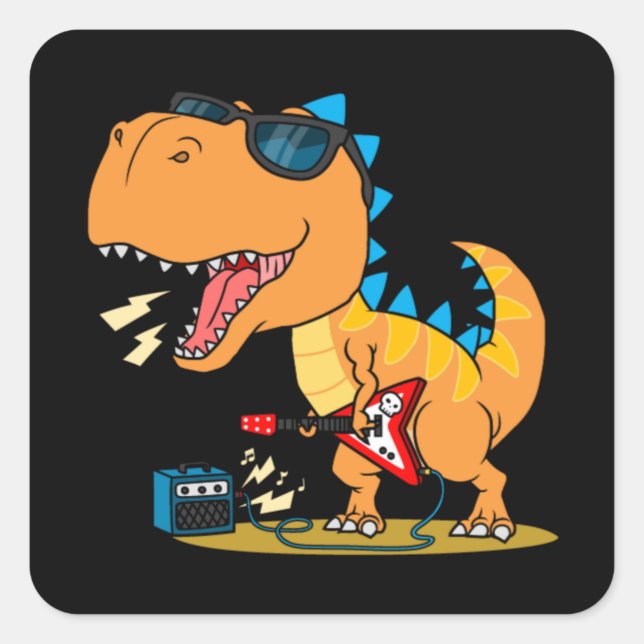 Cooler Dinosaurier mit Gitarre Quadratischer Aufkleber (Vorderseite)