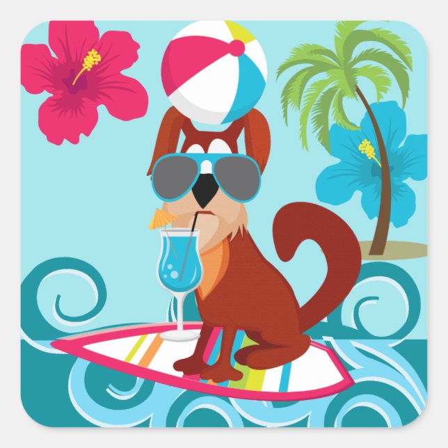Cooler Dog Surfboard Sommerstrand Party Spaß Quadratischer Aufkleber (Vorderseite)