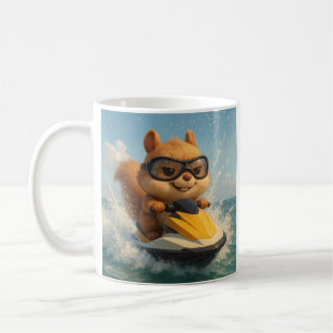 Cooler Eichhörnchen auf Jet-Ski. Lustiger Sommer. Kaffeetasse