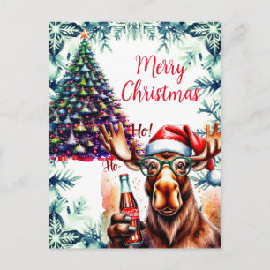 Cooler Elch im Weihnachtsmannhut Feiertagspostkarte