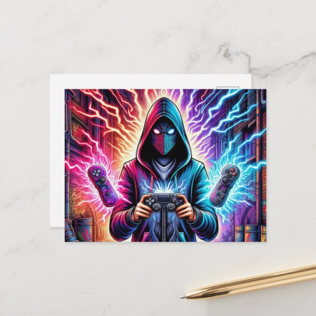 Cooler farbenfroher Gamer-Junge  Postkarte (Vorderseite/Rückseite Beispiel)