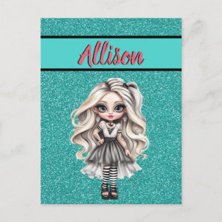 Cooler Fashion Girl Türkis Glitzer Personalisiert Postkarte
