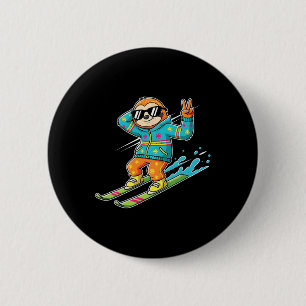 Cooler Faultier Auf Skiern Friedenszeichen Retro W Button