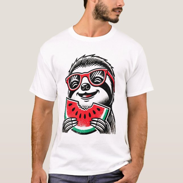 Cooler Faultier isst Wassermelone T-Shirt (Vorderseite)