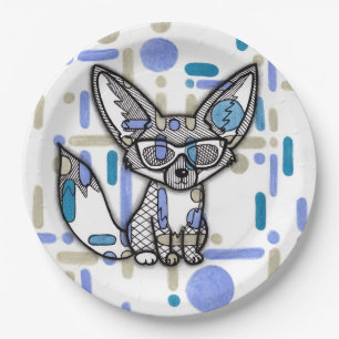 Cooler Fennek Fuchs mit Sonnenbrille Blau Geometri Pappteller