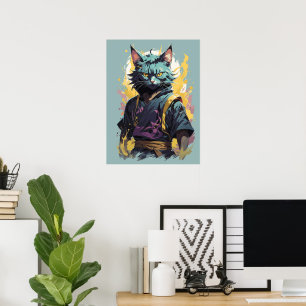 Cooler Feuer-Splash Grauer Ninja-Katzenkrieger Poster