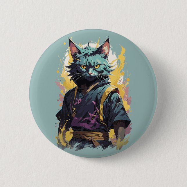 Cooler Feuerschlag Grau Ninja Katzenkämpfer Button (Vorderseite)