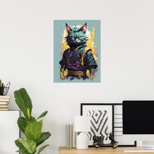 Cooler Feuerschlag Grau Ninja Katzenkämpfer Poster (Heimbüro)