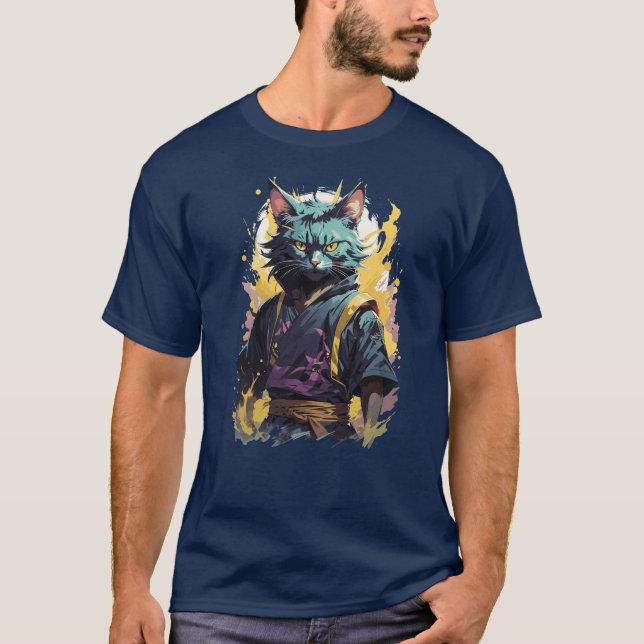 Cooler Feuerschlag Grau Ninja Katzenkämpfer T-Shirt (Vorderseite)