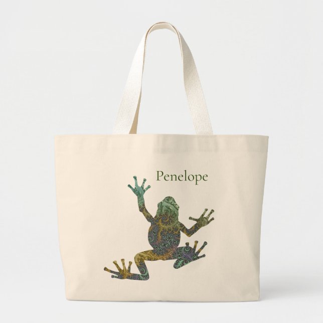 Cooler Frosch aus Grün und Gold-Fraktal mit Namen Jumbo Stoffbeutel (Vorne)