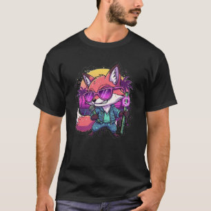 Cooler Fuchs-DJ, der mit Neon-Bambus-Mikrofon rapp T-Shirt