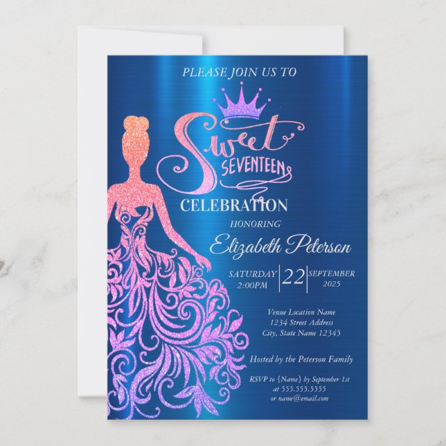Cooler Glitzer Bokeh, Dress, Tiara, Blue Sweet 17 Einladung (Vorderseite)