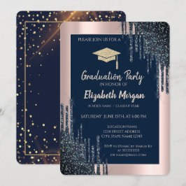 Cooler Glitzer Gradu Cap, Rose Gold Tropfen, Navy  Einladung