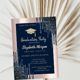 Cooler Glitzer Gradu Cap, Rose Gold Tropfen, Navy Einladung