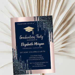 Cooler Glitzer Gradu Cap, Rose Gold Tropfen, Navy  Einladung