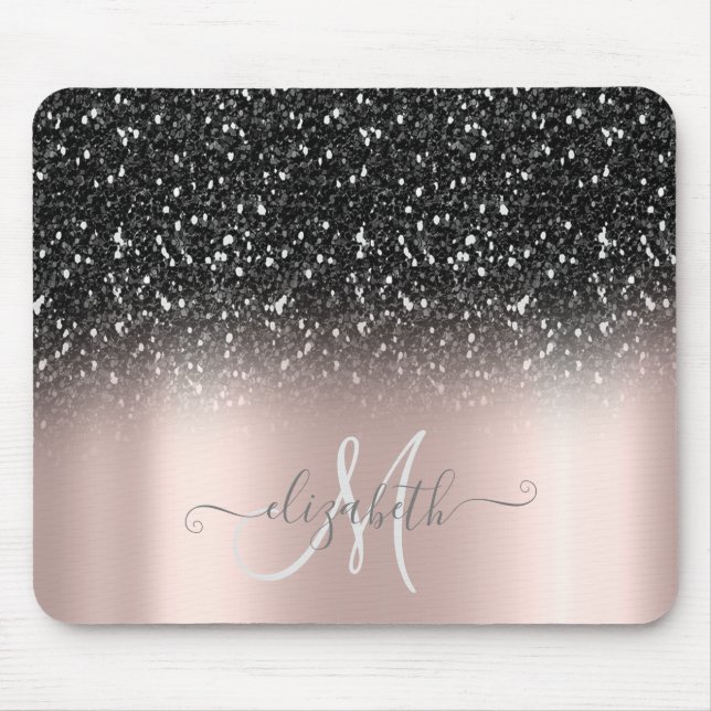 Cooler Glitzer Ombre Black Monogram Rose Gold Mousepad (Vorne)