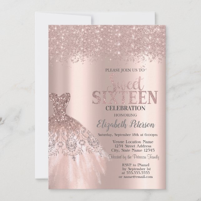 Cooler Glitzer Staub, Dress Rose Gold Sweet 16 Einladung (Vorderseite)