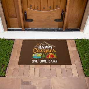 cooler glücklicher Camper live Liebe lacht Wortart Fußmatte