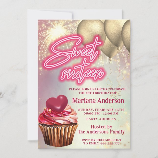 Cooler Goldballon Funkelfeuerwerk Kuchen Einladung (Vorderseite)