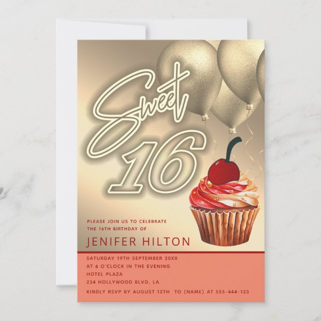 Cooler Goldballon whimsy cupcake neon süß 16 Einladung (Vorderseite)