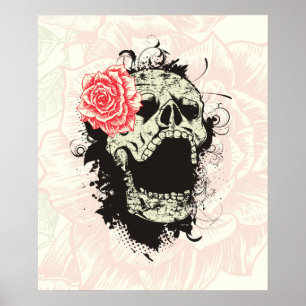 Cooler gotischer Totenkopf und roter Rosenposter n Poster