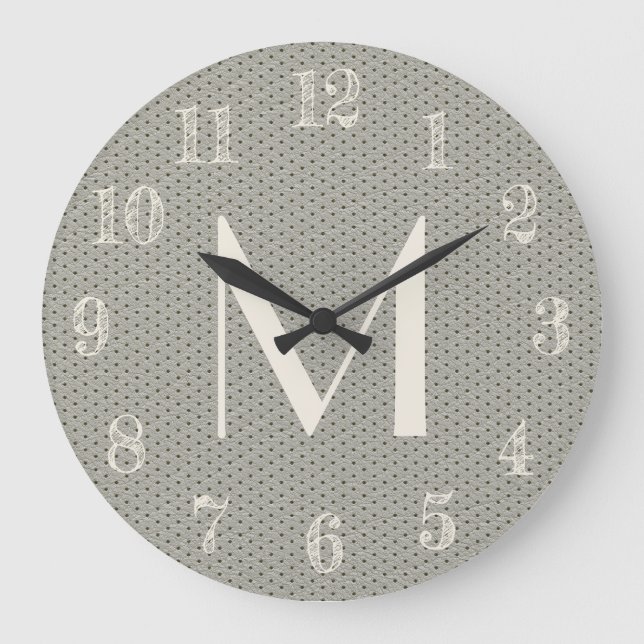 Cooler grauer Lederschau Monogramm hinzufügen Große Wanduhr (Vorderseite)