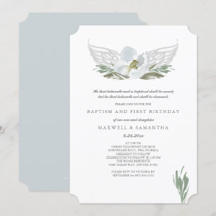 Cooler grauer Watercolor-Blumenengel Wings Taufe Einladung