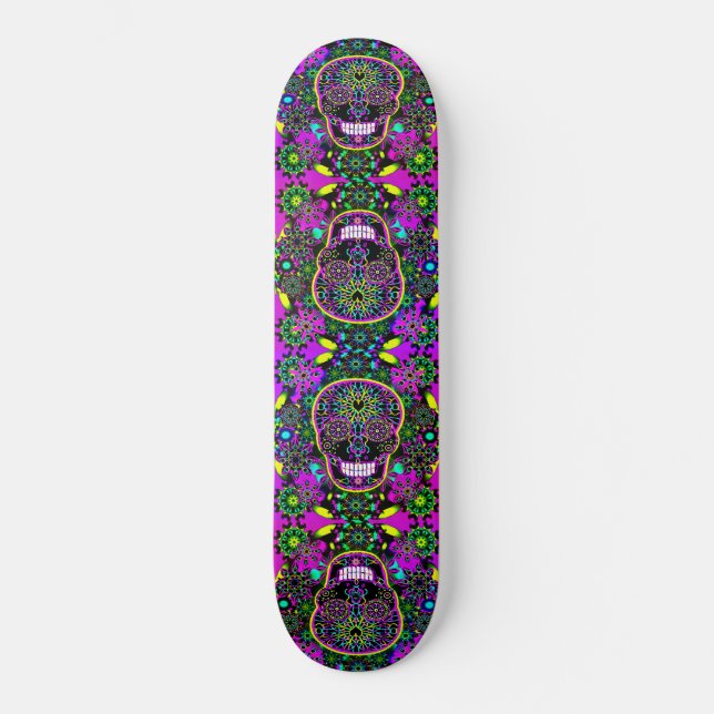 Cooler heißer grüner und lila Zuckerschädel Skateboard (Vorderseite)