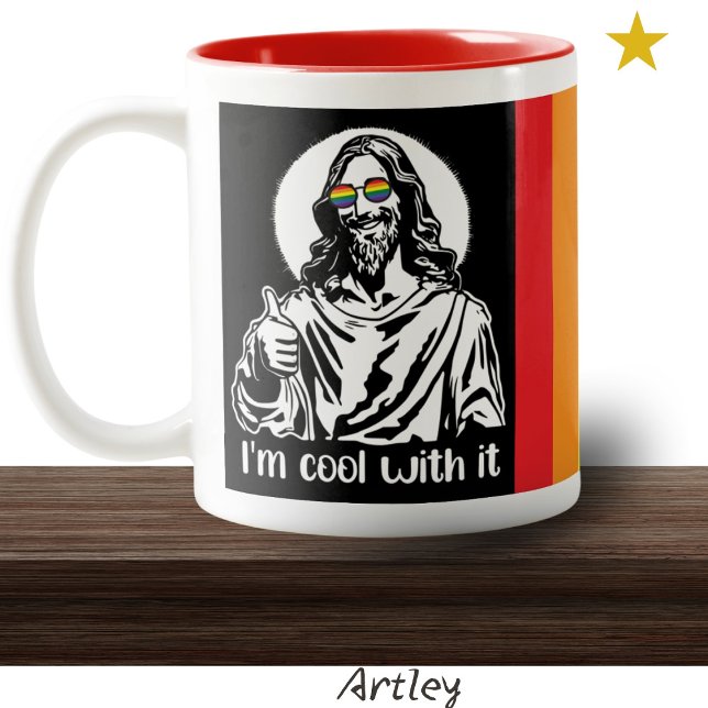 Cooler Hippie-Gay Pride Jesus thumbs hoch Zweifarbige Tasse (Von Creator hochgeladen)
