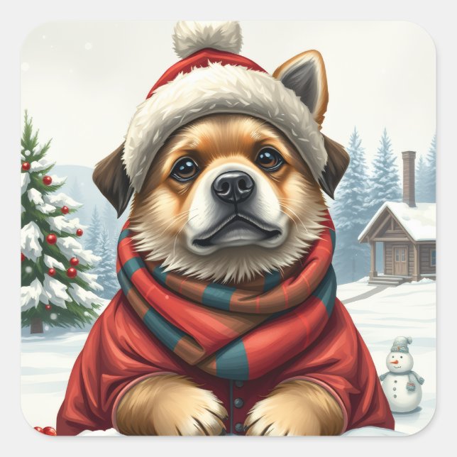 Cooler Hund in Preppy Winter Attraktion und Hat Wi Quadratischer Aufkleber (Vorderseite)