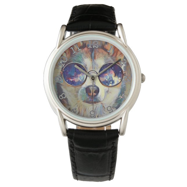 Cooler Hund - Kronenschutz, schwarze Lederüberwach Armbanduhr (Vorderseite)