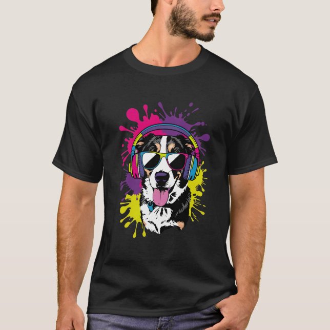 Cooler Hund mit Kopfhörern Pop Art Design T-Shirt (Vorderseite)